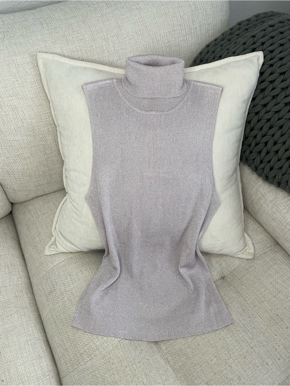 NWT Mango Sparkle Effect Lurex Knit Sleeveless Turtleneck Top Lavender Lilac